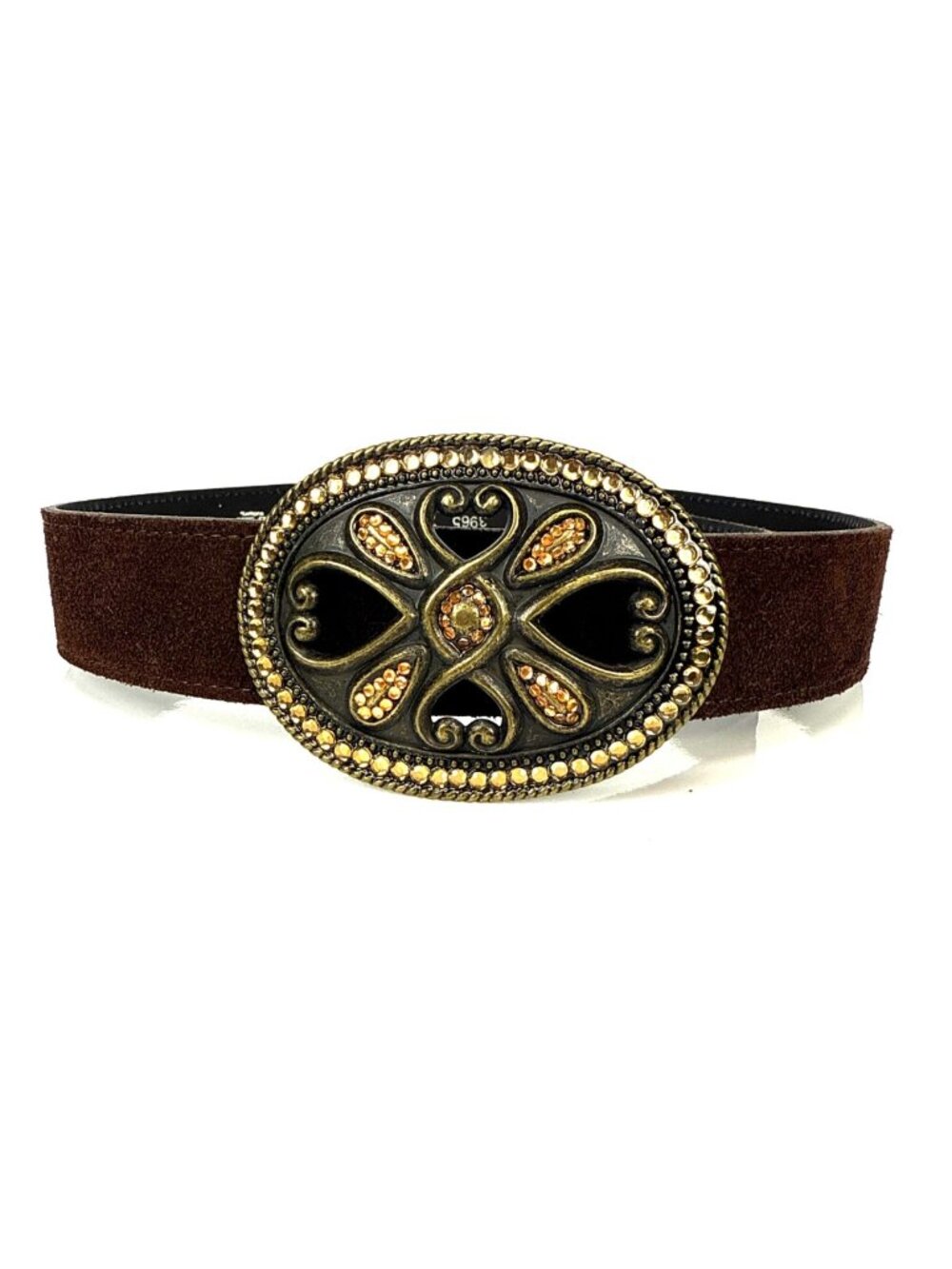 BELT SHAK Suede Brown Western Boho Embellished Oval Buckle Brown Gold sz S